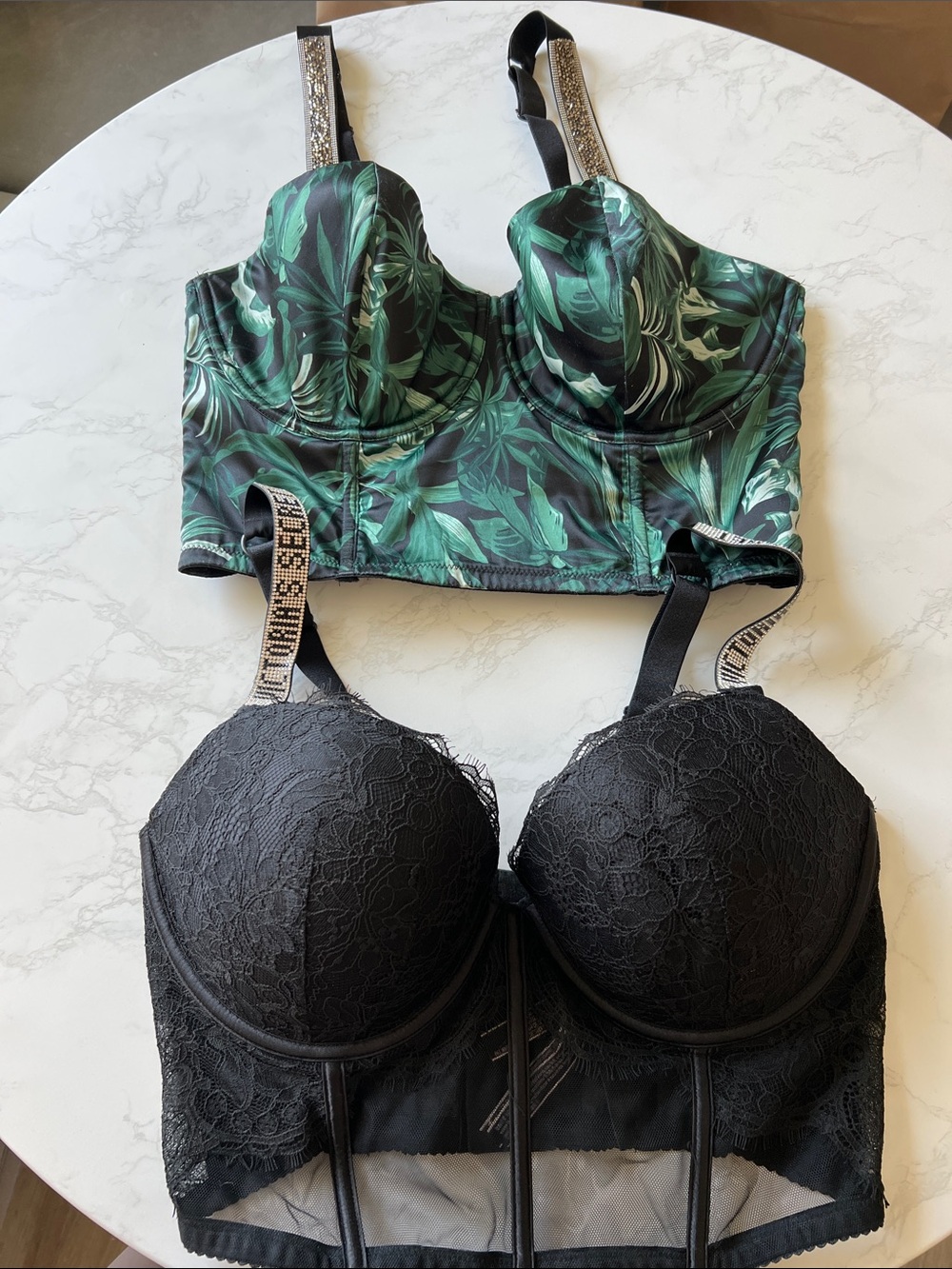 Set of TWO Victoria's Secret Black Lace Bustier & Green Leaf Print Bustier Duo